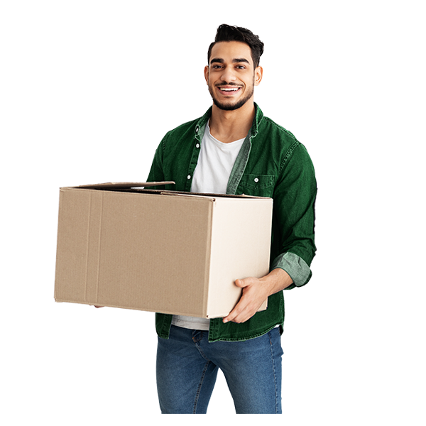 Smiling man, holding box.