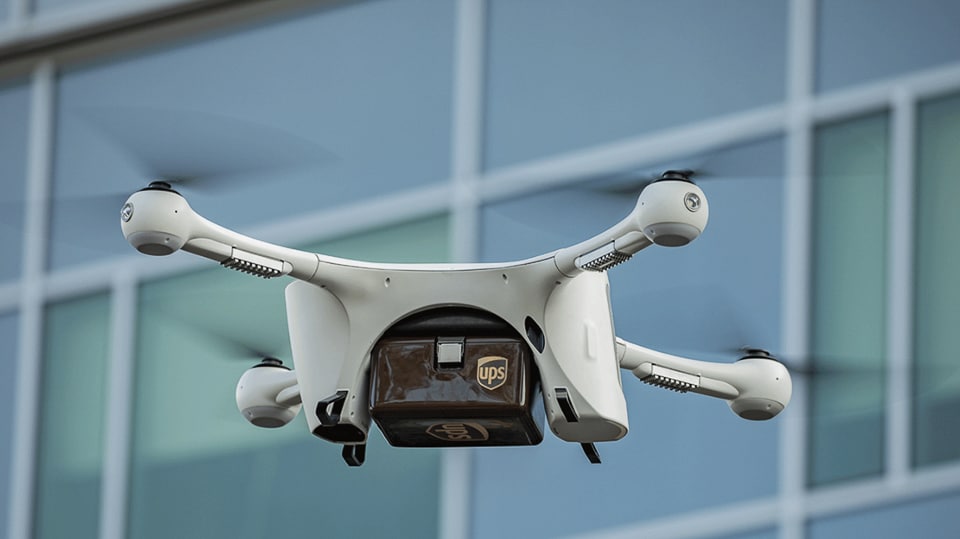 A UPS drone carrying important medical supplies to University of California San Diego Health