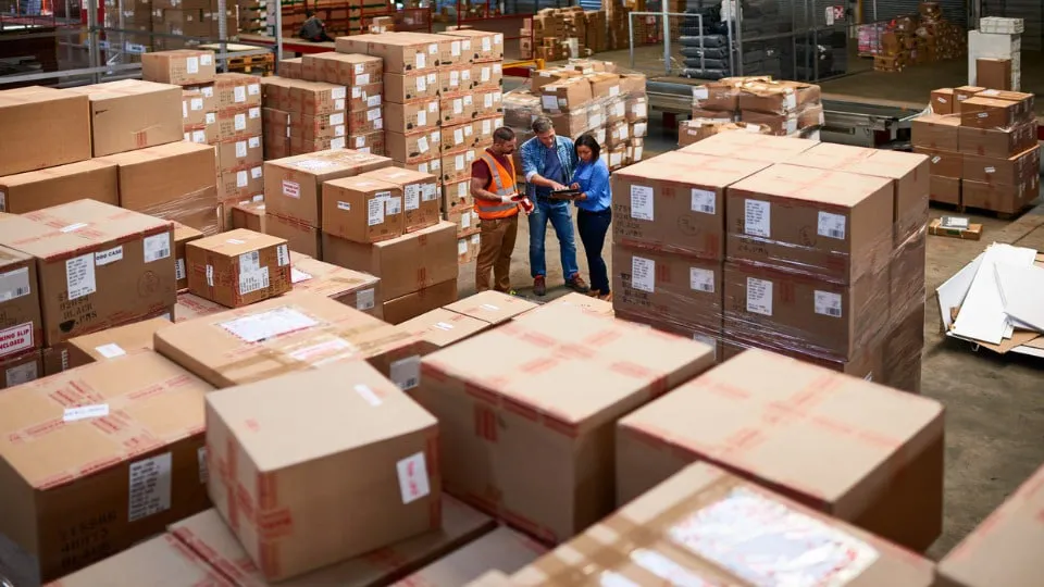 grupo de compañeros de trabajo en un depósito grande lleno de cajas