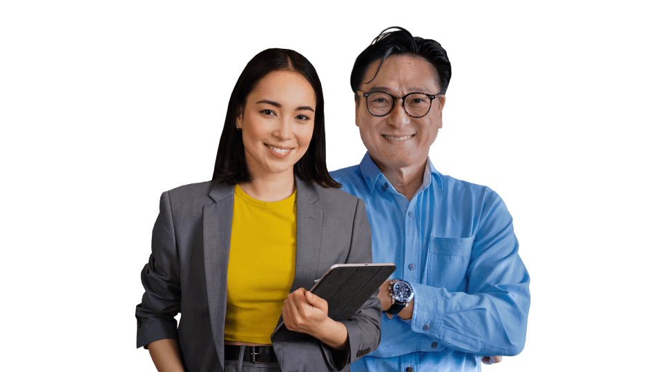 Stratgeic mature businessman wearing eyeglasses and trusted businesswoman smiling with a tablet