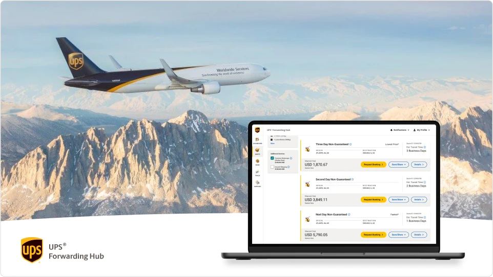 UPS airplane flying over mountains with the freight shipping platform displayed on a tablet in the foreground