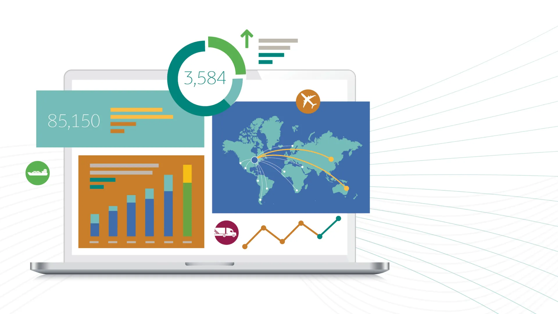 análisis de datos en una computadora portátil que muestra gráficos, un mapa del mundo y modos de transporte de carga