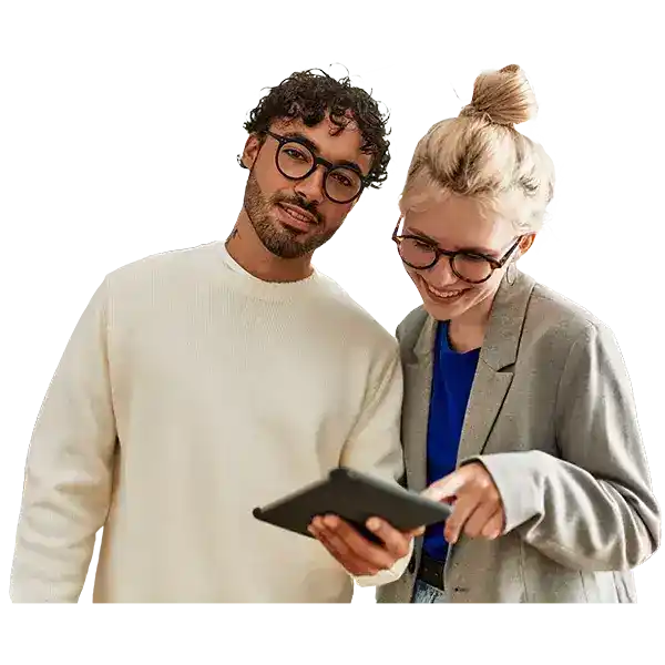 two people reviewing a tablet together