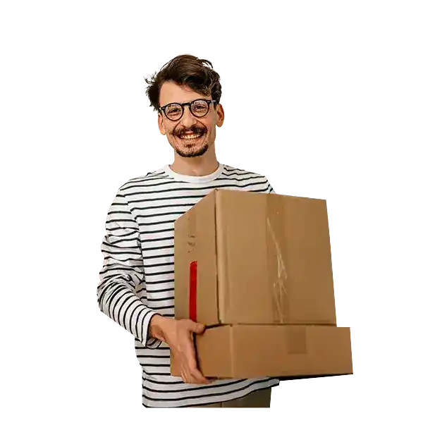 Person in striped shirt holding packages to ship with U-P-S