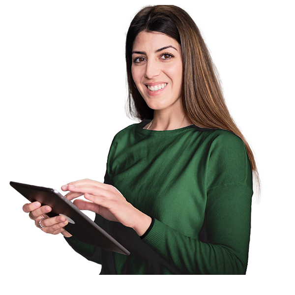 A young woman smiling with ipad in her hand.