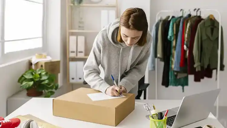 a person writing an address on a box