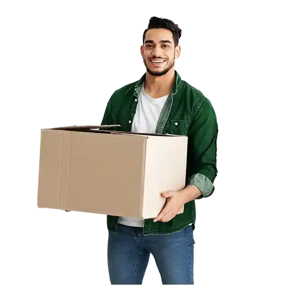 Person smiling and holding package.