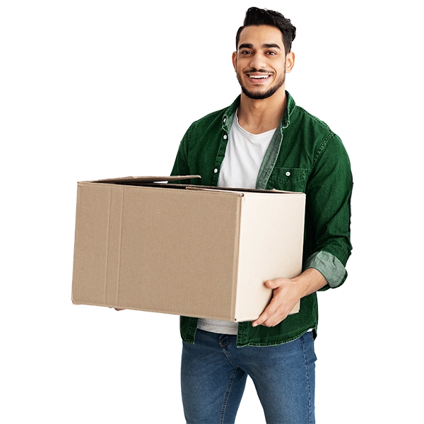 Smiling man, holding box.