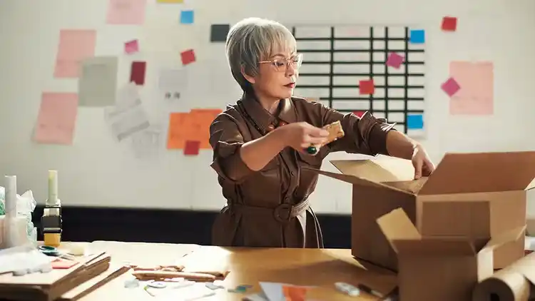 Older woman packing a box