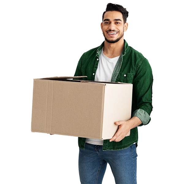 Smiling man, holding box.