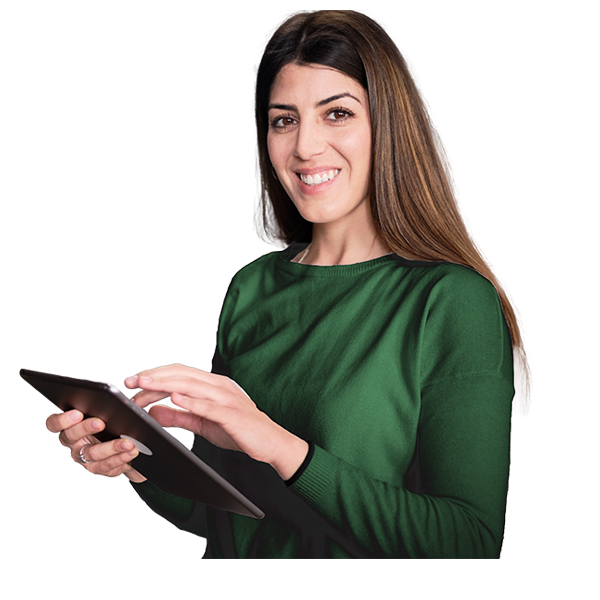 A young woman smiling with ipad in her hand.