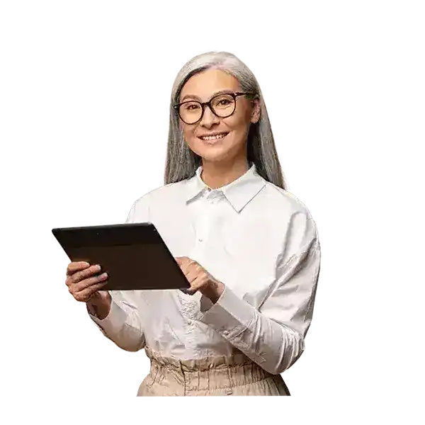 Person is smiling while holding tablet.