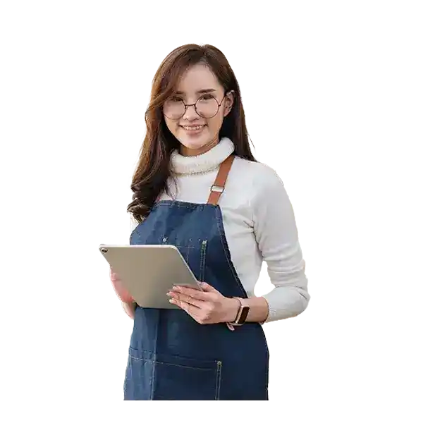 Person smiling and holding tablet.