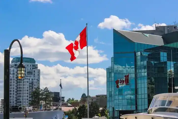 Canadian flag flying in the sky